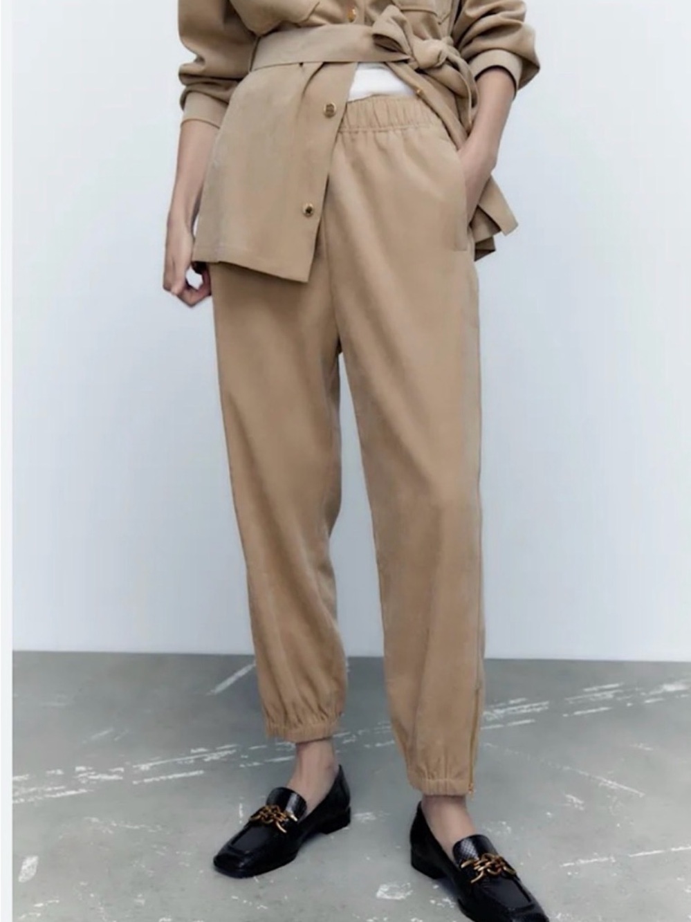 Zara Tan Pants, suade like fabric with ankle zipper